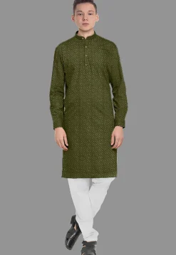 Embroidered Georgette Kurta in Olive Green