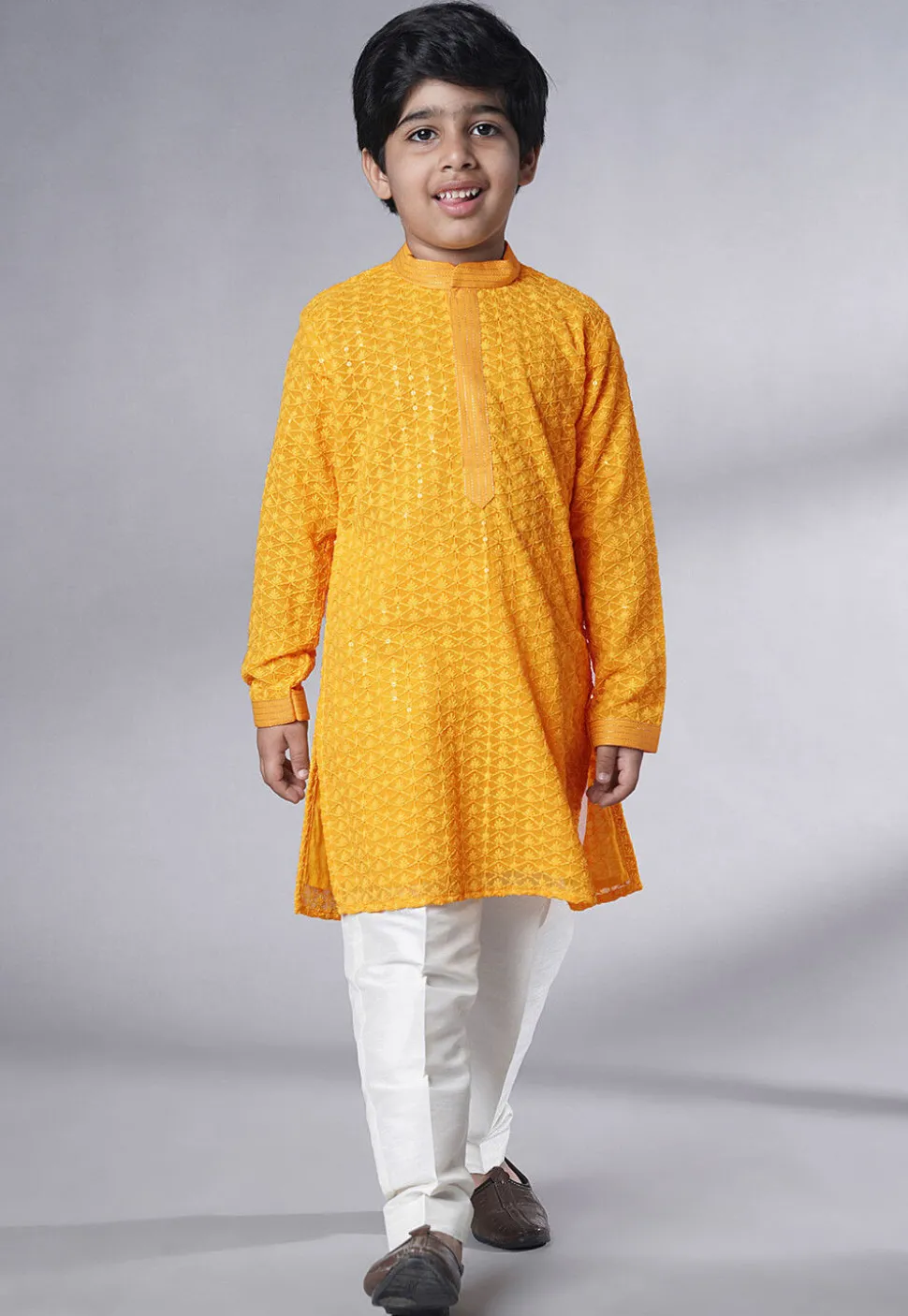 Embroidered Georgette Kurta Set in Mustard