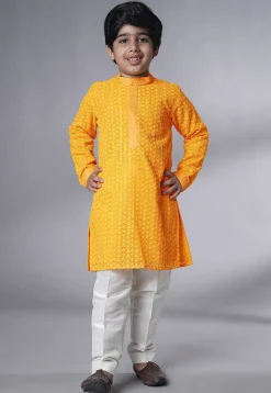 Embroidered Georgette Kurta Set in Mustard
