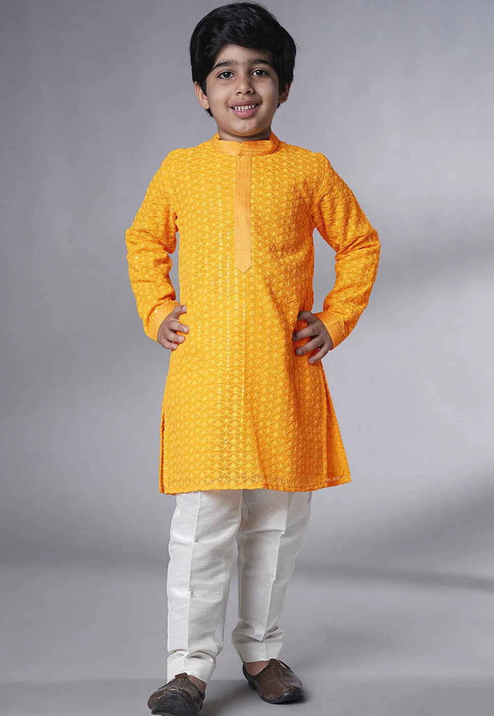 Embroidered Georgette Kurta Set in Mustard