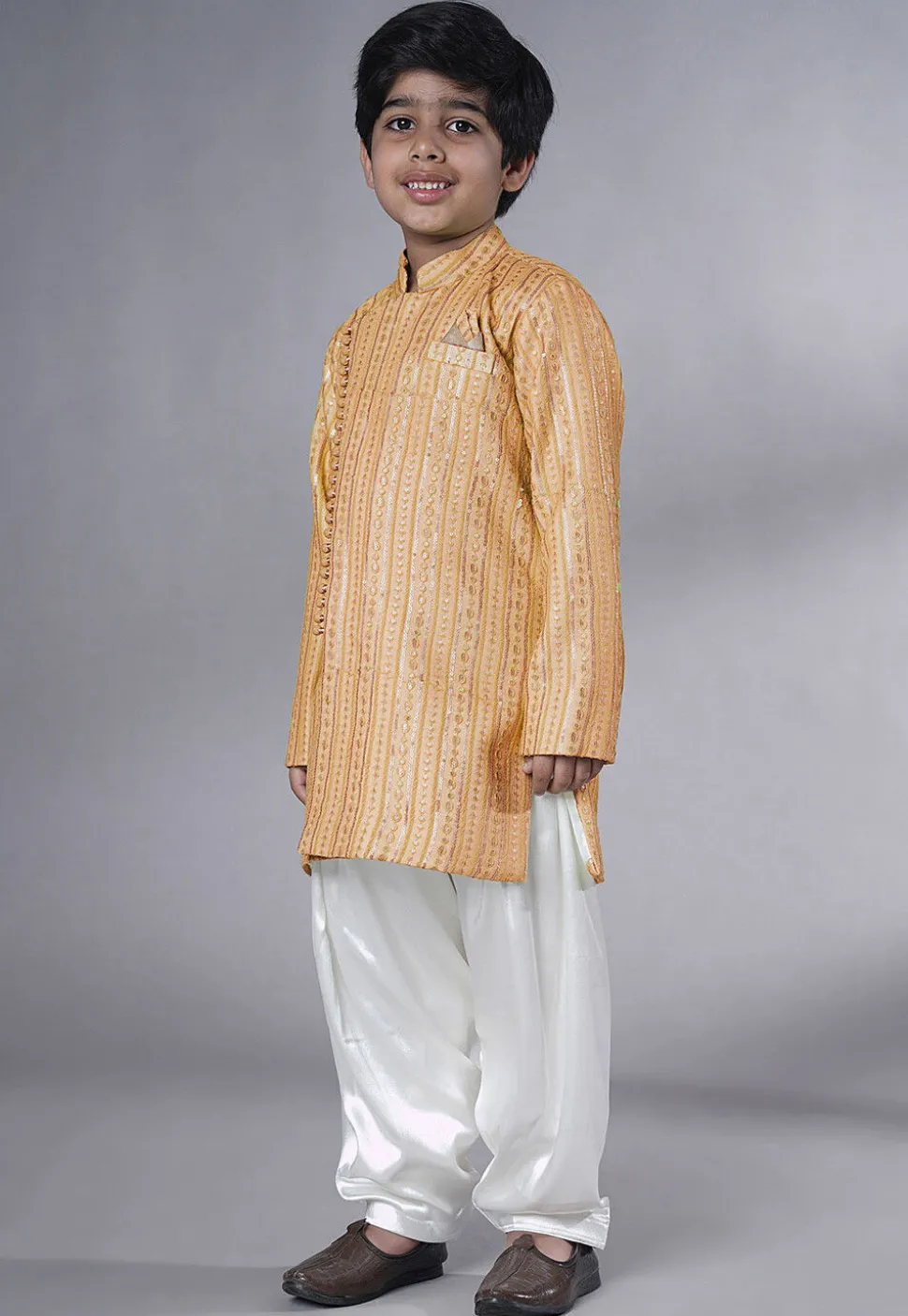 Embroidered Georgette Kurta Set in Beige