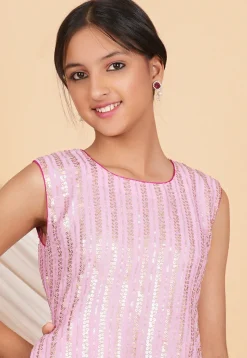 Embroidered Georgette Kurti Set in Baby Pink