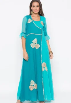 Embroidered Georgette Kurta Set in Turquoise