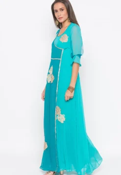 Embroidered Georgette Kurta Set in Turquoise