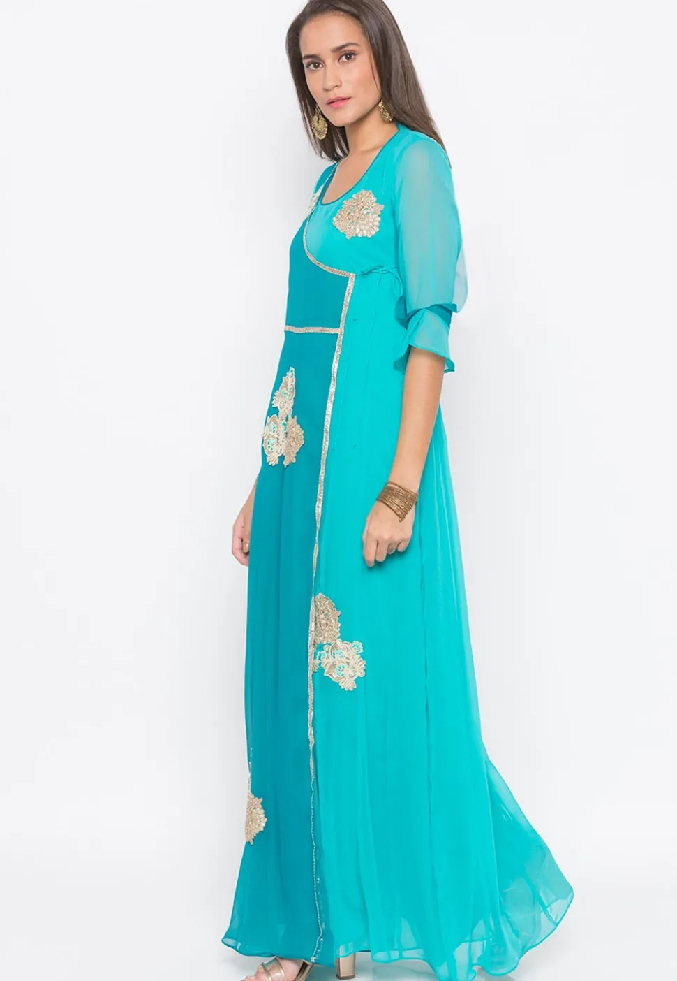 Embroidered Georgette Kurta Set in Turquoise