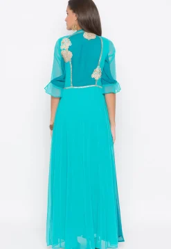 Embroidered Georgette Kurta Set in Turquoise