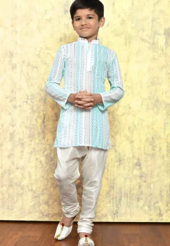 Embroidered Georgette Kurta Set in Light Blue and Green
