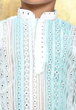 Embroidered Georgette Kurta Set in Light Blue and Green