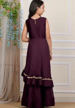 Embroidered Georgette Layered Gown in Wine