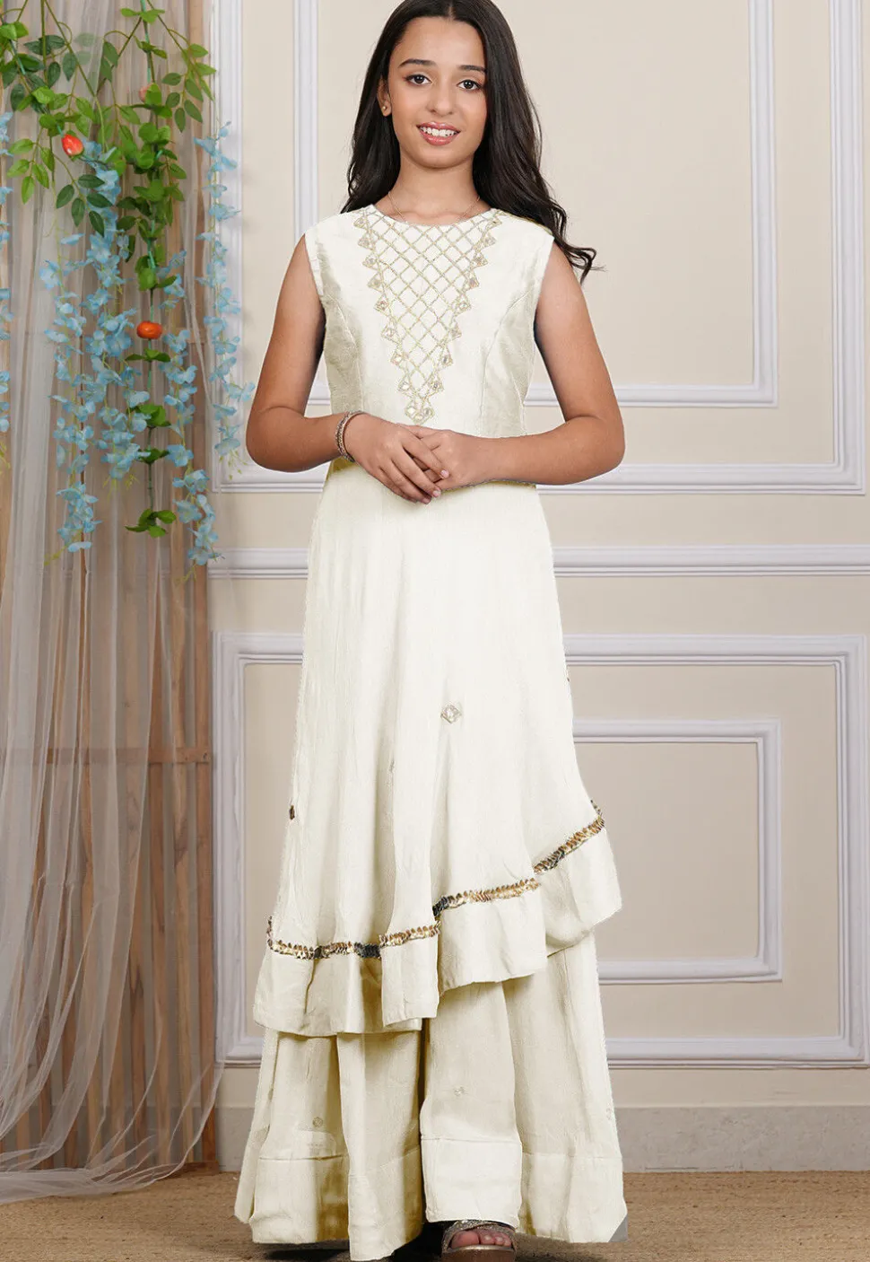 Embroidered Georgette Layered Gown in Off White