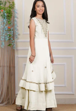Embroidered Georgette Layered Gown in Off White