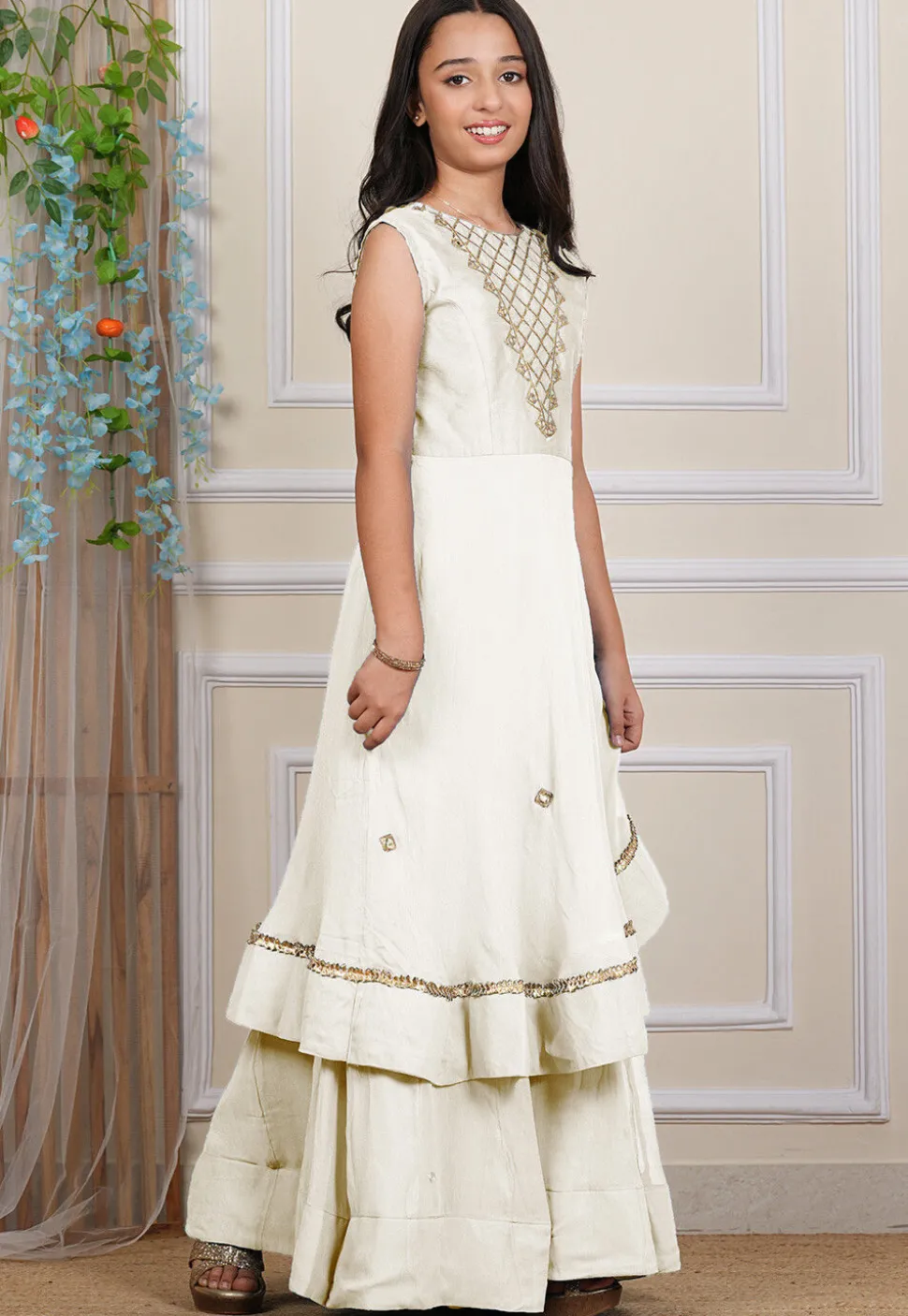 Embroidered Georgette Layered Gown in Off White
