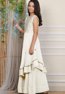 Embroidered Georgette Layered Gown in Off White
