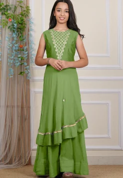 Embroidered Georgette Layered Gown in Dusty Green