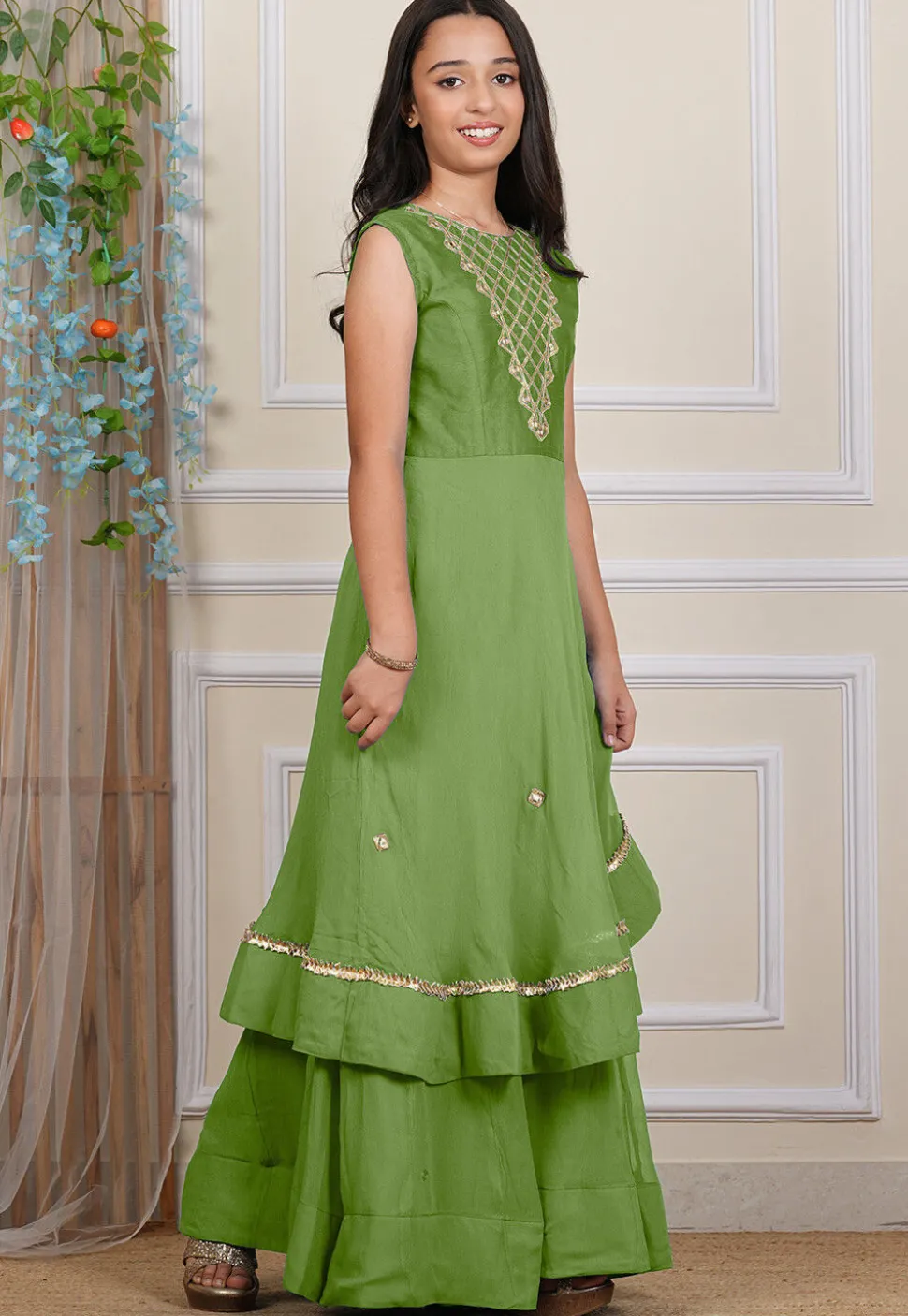 Embroidered Georgette Layered Gown in Dusty Green