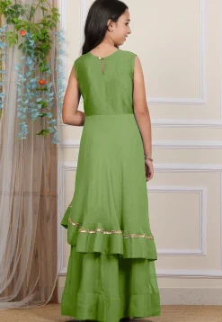 Embroidered Georgette Layered Gown in Dusty Green