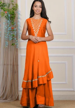 Embroidered Georgette Layered Gown in Orange
