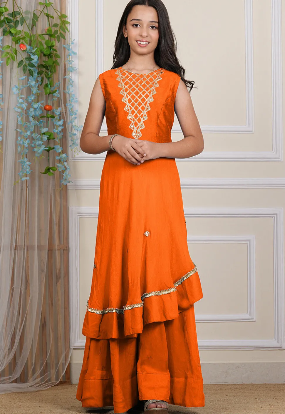 Embroidered Georgette Layered Gown in Orange
