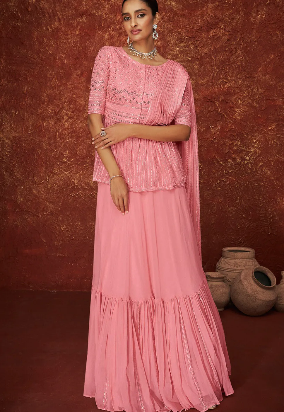 Embroidered Georgette Layered Lehenga in Pink