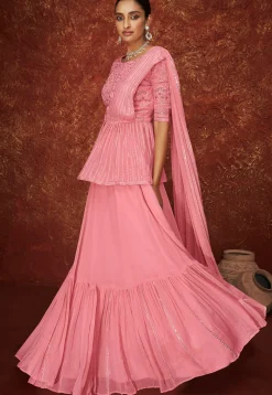 Embroidered Georgette Layered Lehenga in Pink