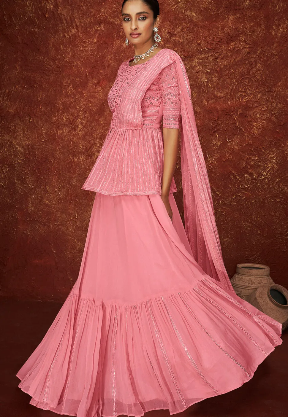 Embroidered Georgette Layered Lehenga in Pink