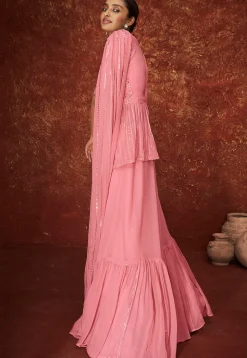 Embroidered Georgette Layered Lehenga in Pink