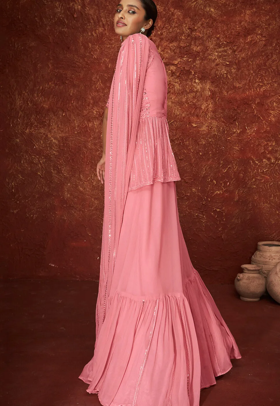 Embroidered Georgette Layered Lehenga in Pink