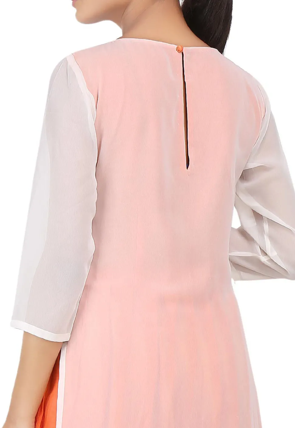 Embroidered Georgette Layered Kurta in Off White and Orange
