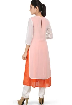 Embroidered Georgette Layered Kurta in Off White and Orange
