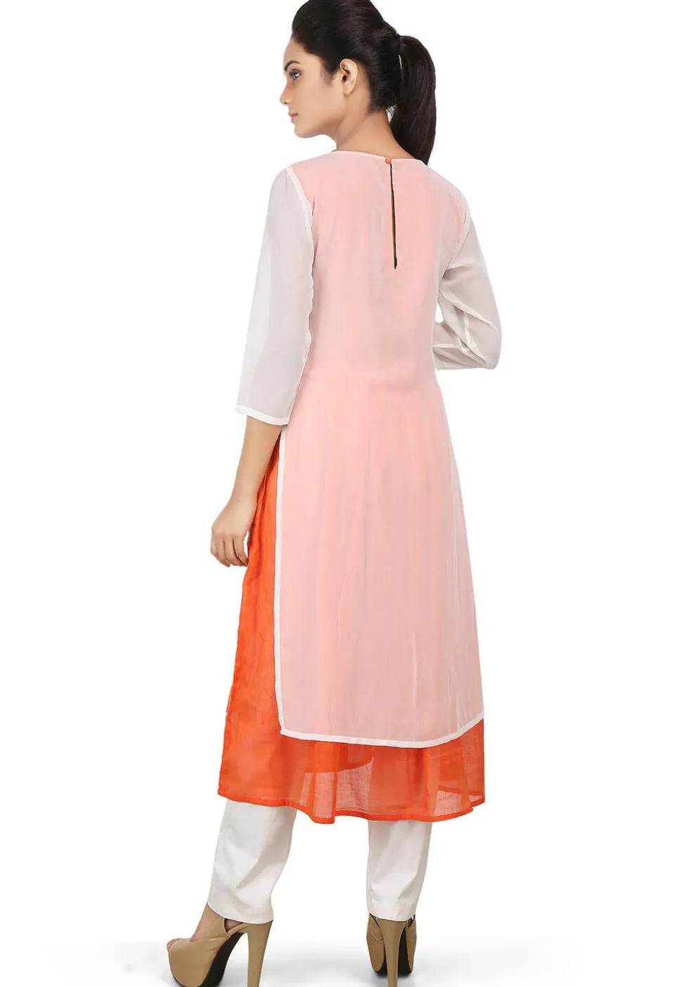 Embroidered Georgette Layered Kurta in Off White and Orange