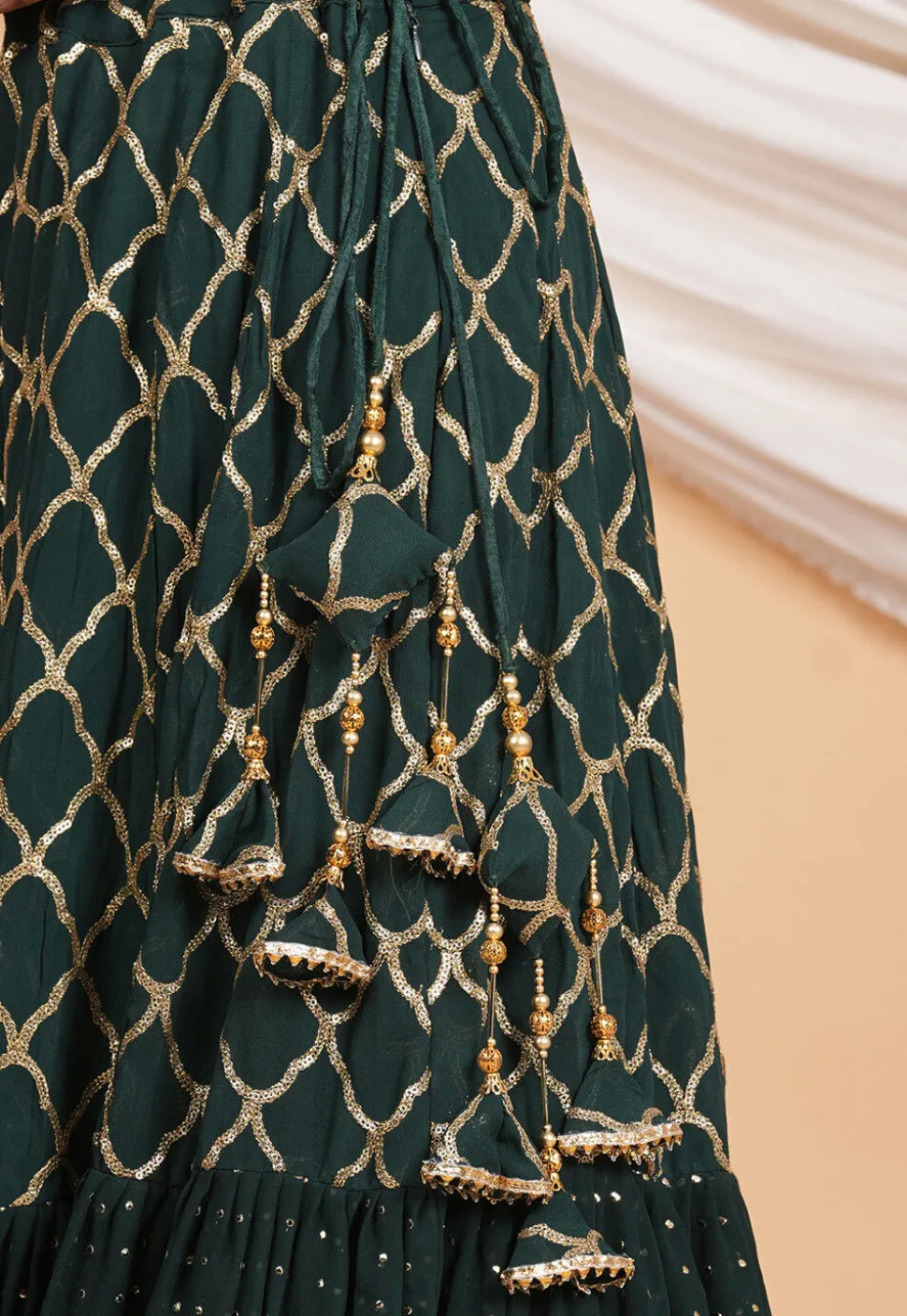 Embroidered Georgette Layered Lehenga in Dark Green