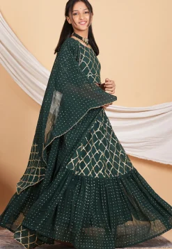 Embroidered Georgette Layered Lehenga in Dark Green