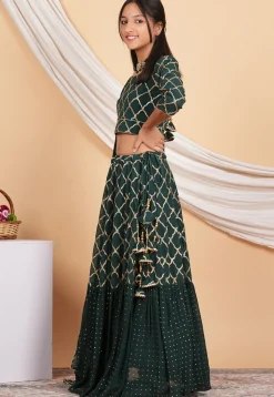 Embroidered Georgette Layered Lehenga in Dark Green
