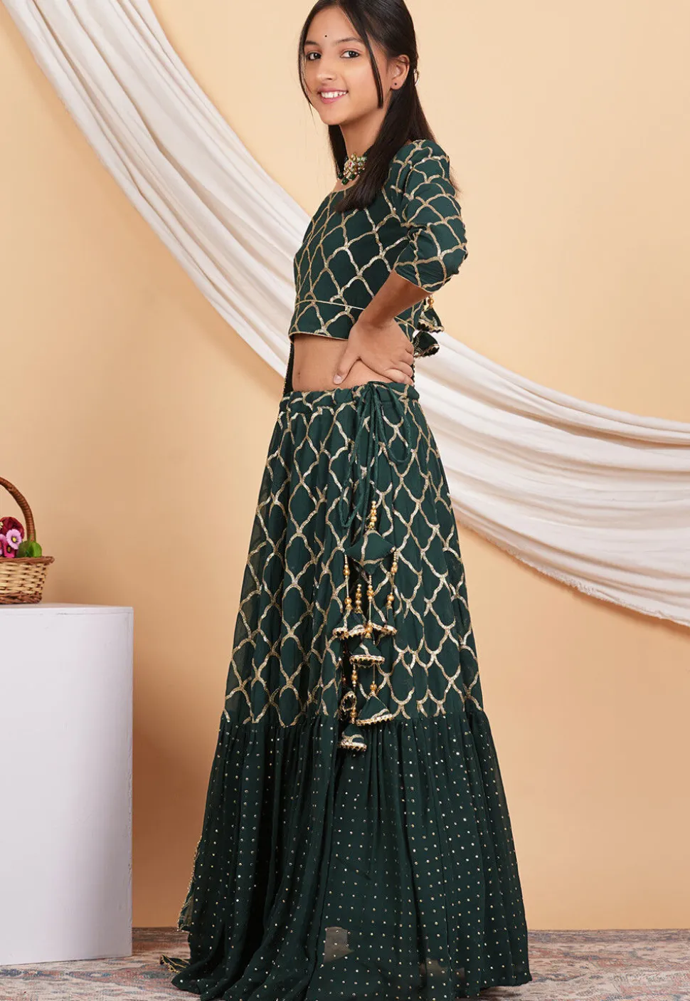 Embroidered Georgette Layered Lehenga in Dark Green