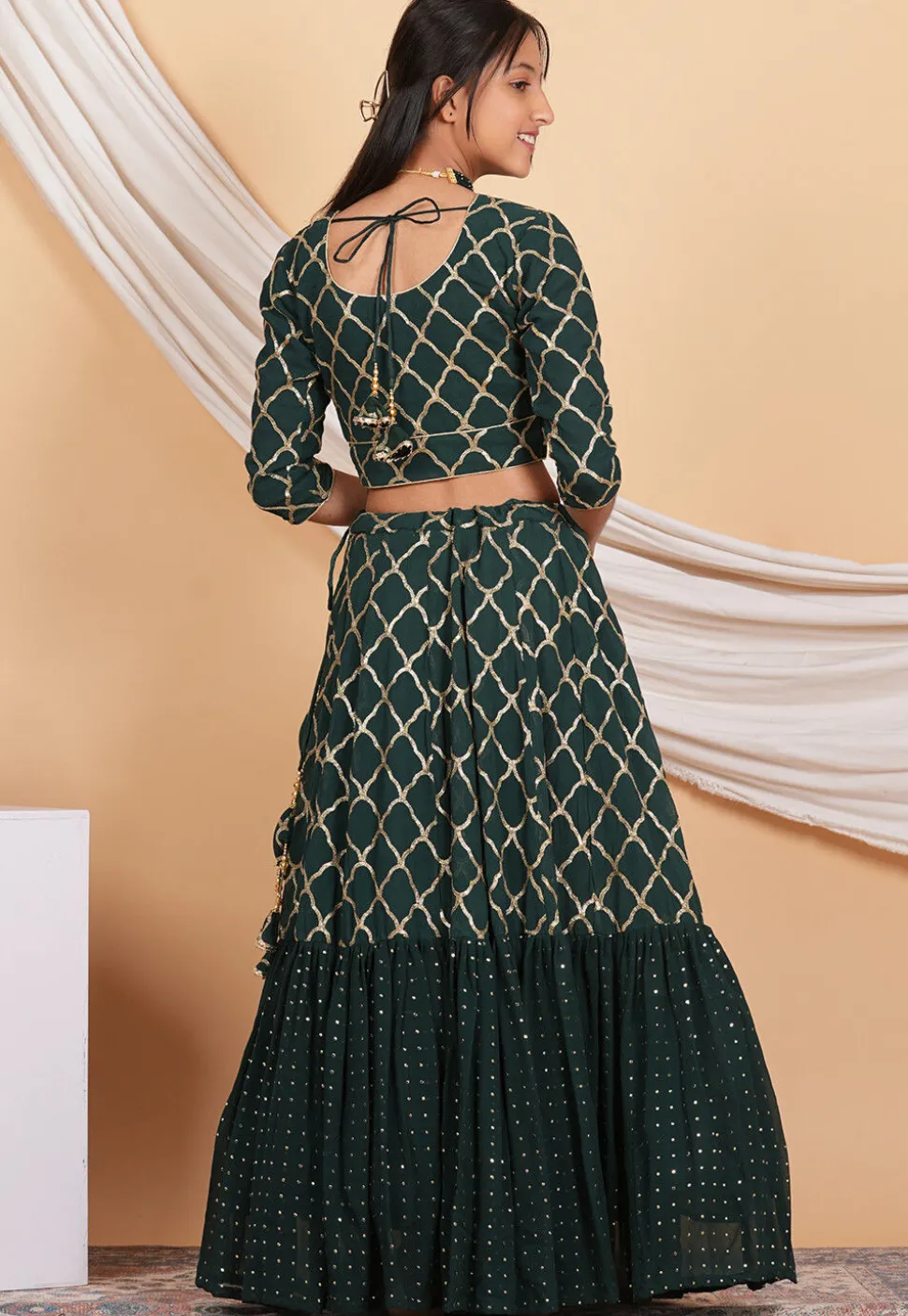 Embroidered Georgette Layered Lehenga in Dark Green