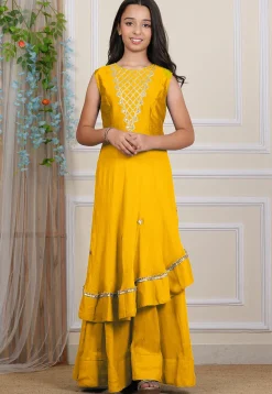 Embroidered Georgette Layered Gown in Mustard