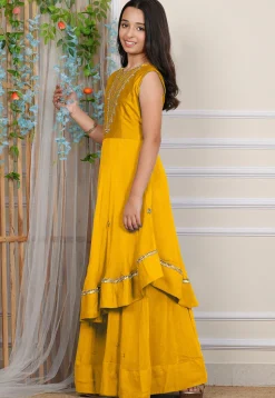 Embroidered Georgette Layered Gown in Mustard