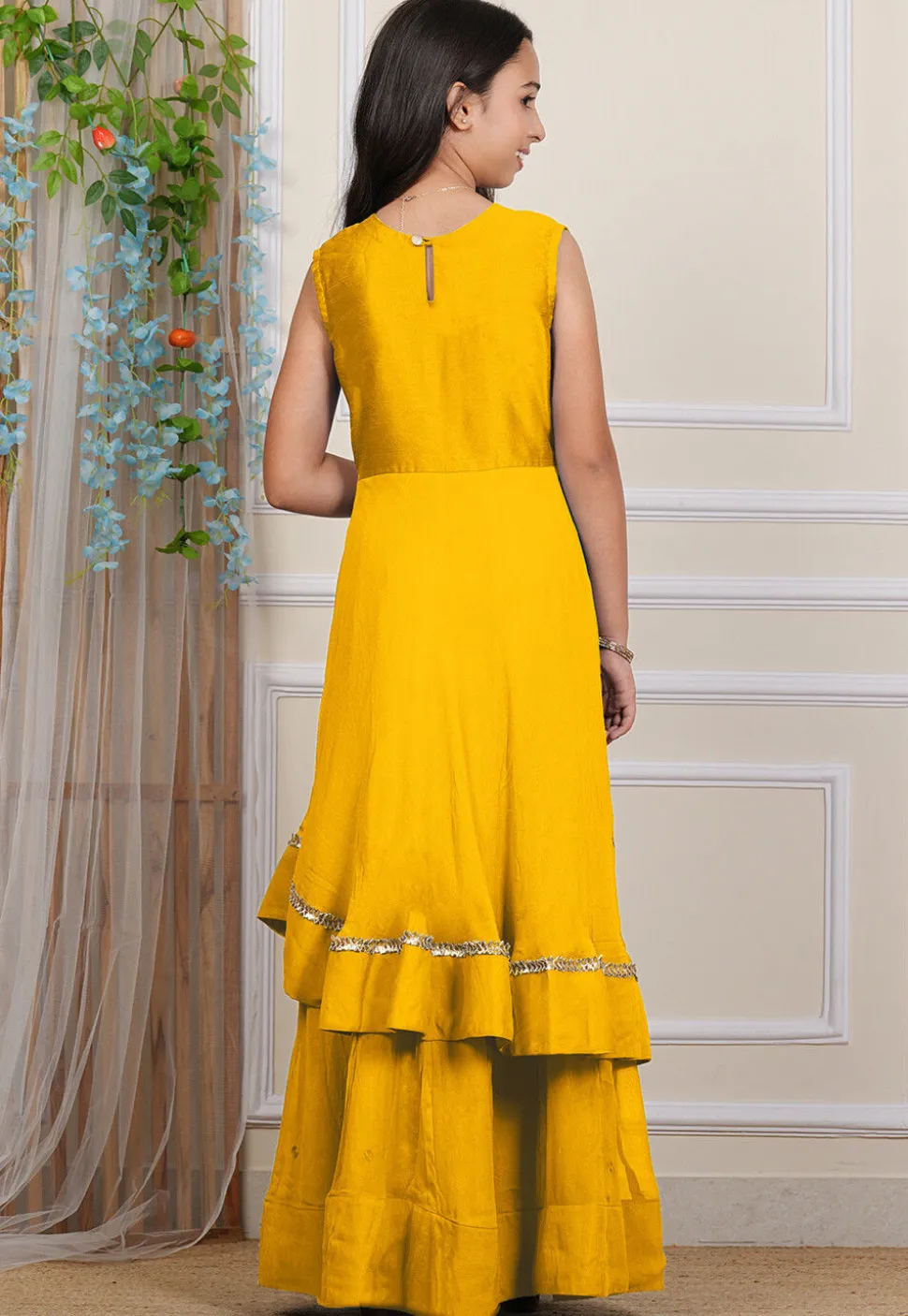 Embroidered Georgette Layered Gown in Mustard