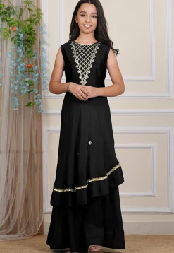 Embroidered Georgette Layered Gown in Black