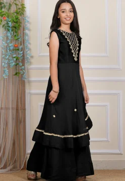 Embroidered Georgette Layered Gown in Black