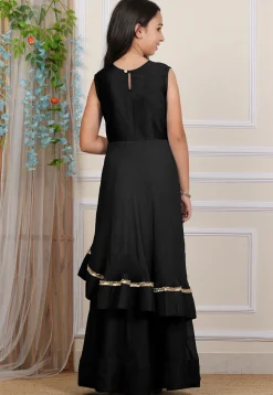Embroidered Georgette Layered Gown in Black