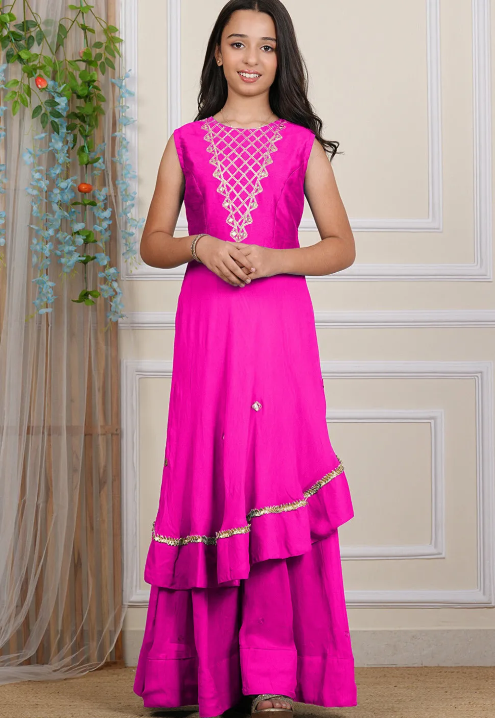 Embroidered Georgette Layered Gown in Fuchsia