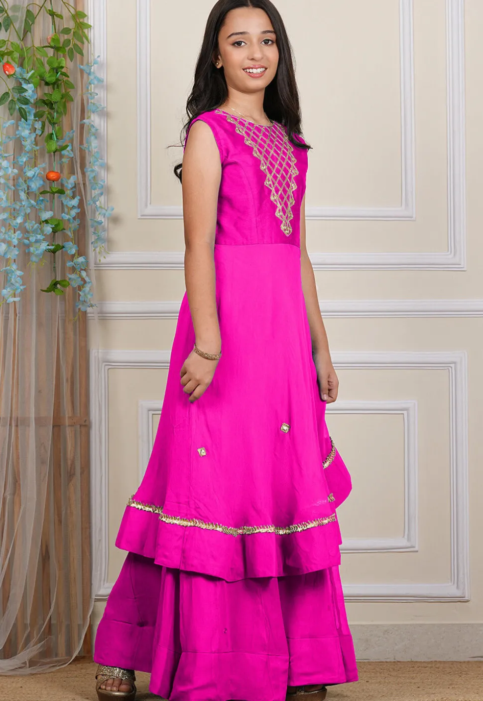 Embroidered Georgette Layered Gown in Fuchsia