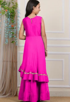 Embroidered Georgette Layered Gown in Fuchsia