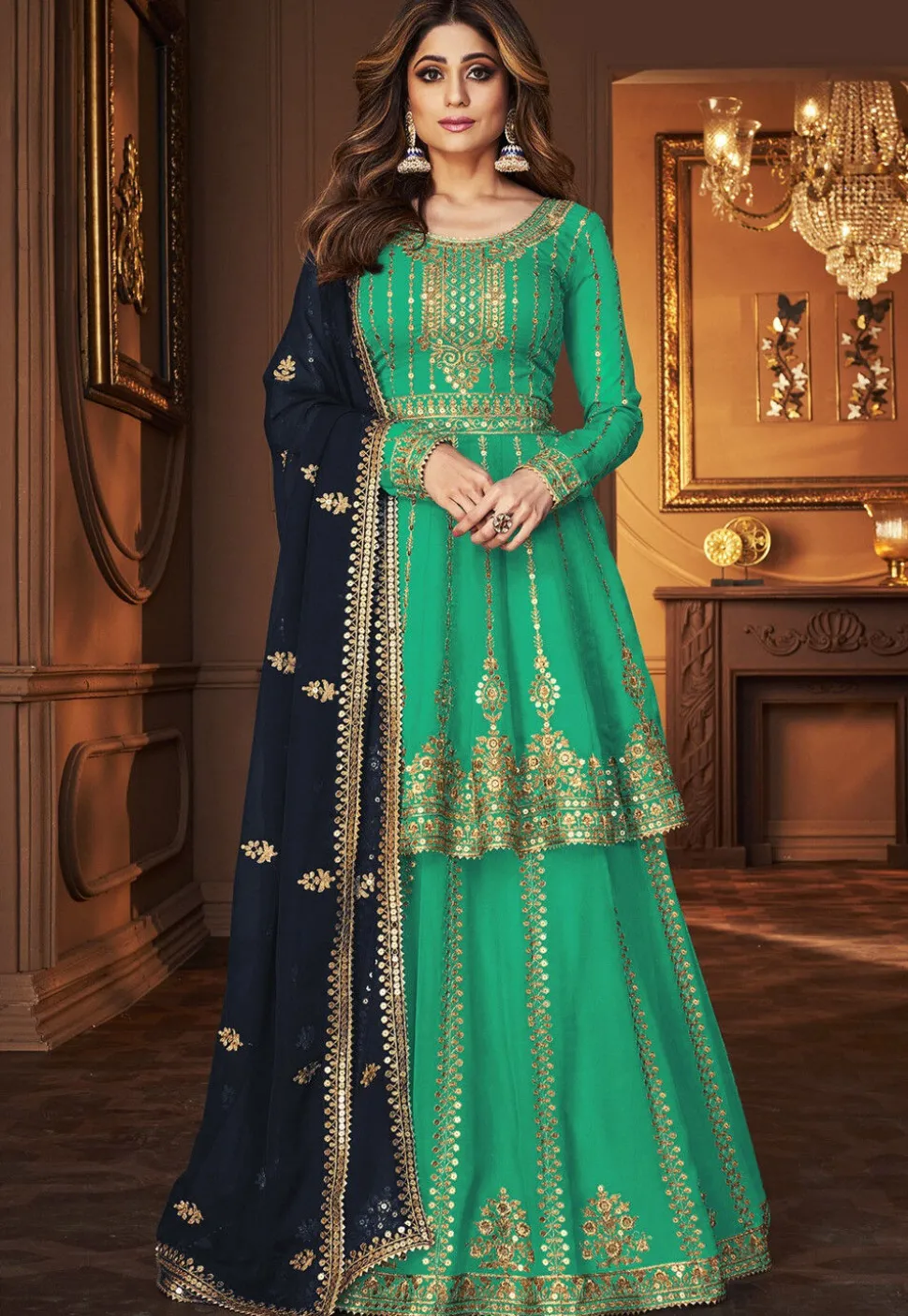 Embroidered Georgette Lehenga in Green