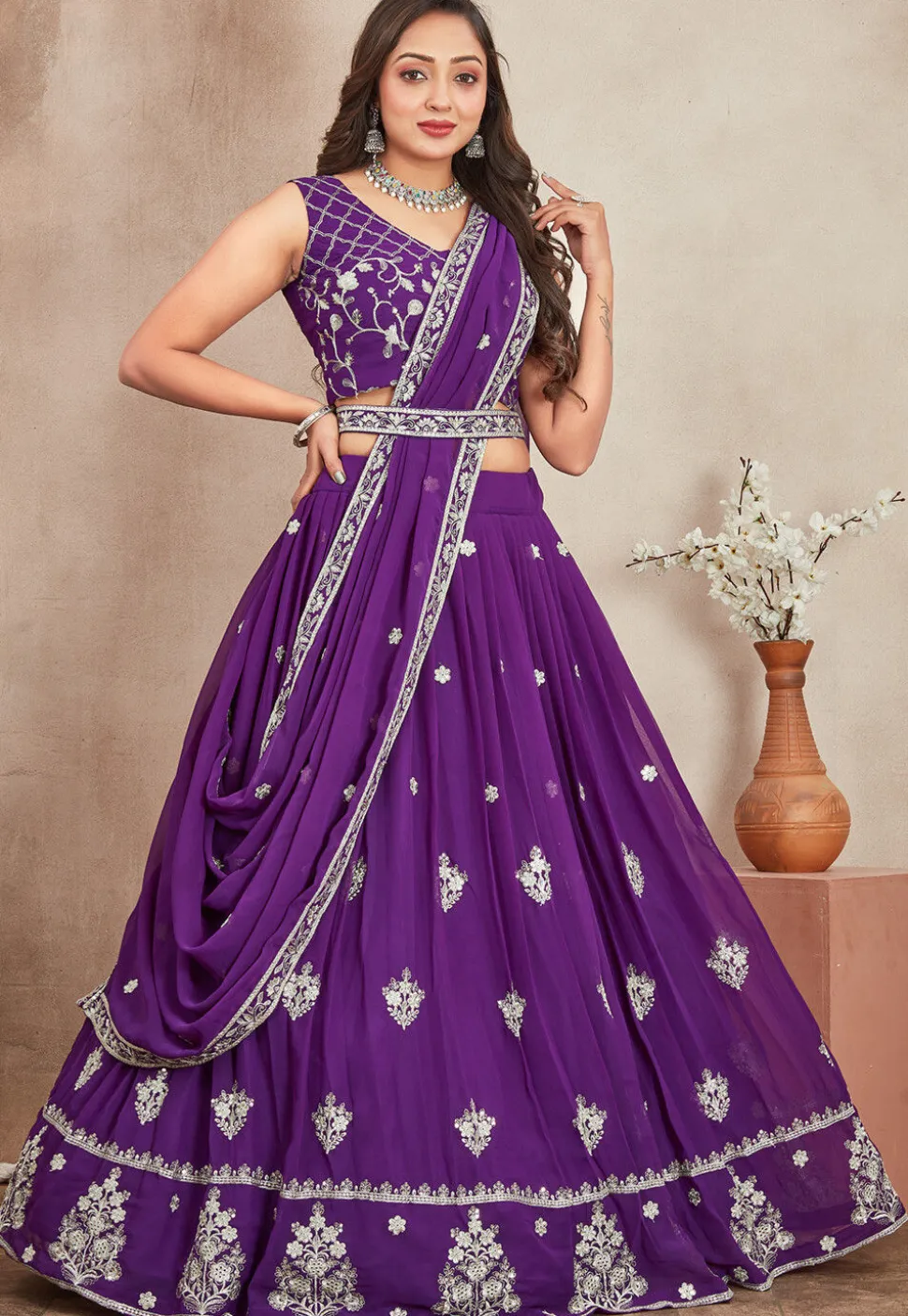 Embroidered Georgette Lehenga in Purple
