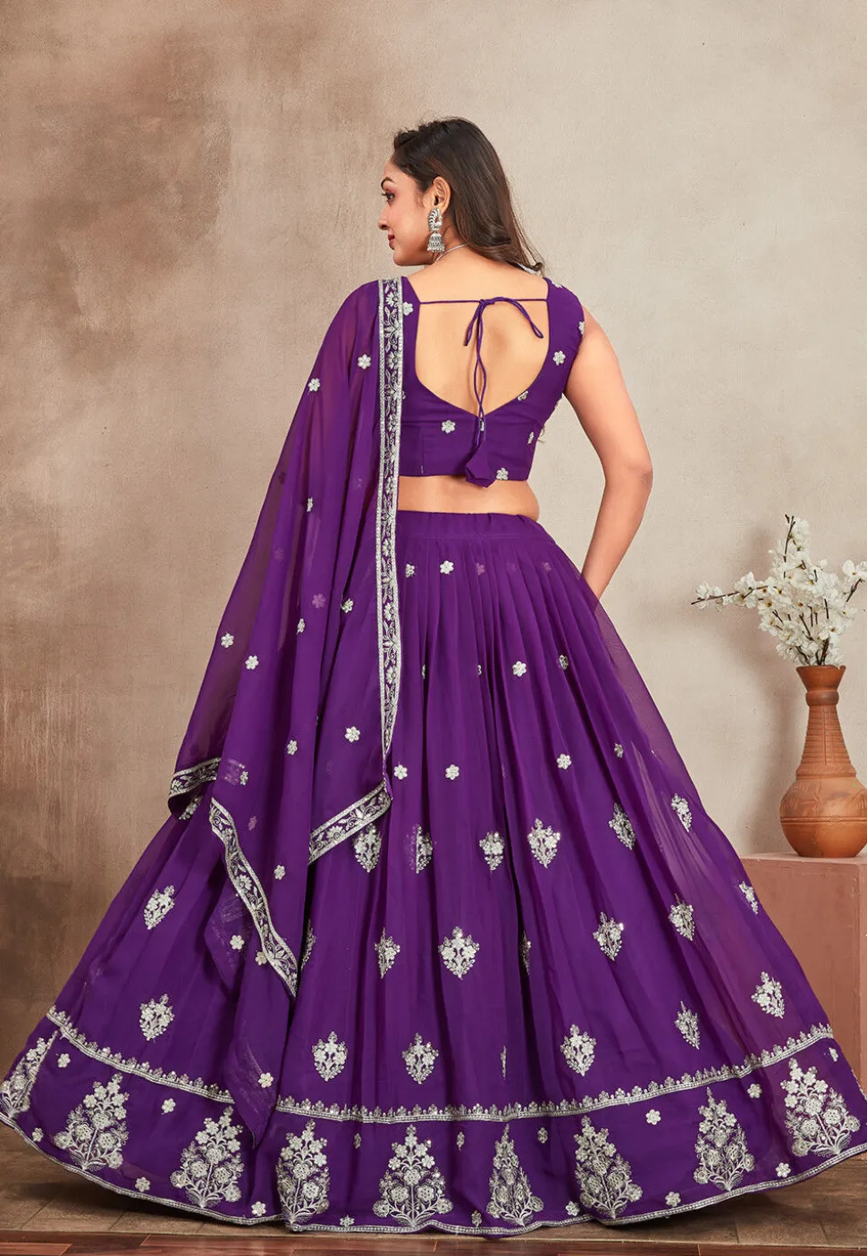 Embroidered Georgette Lehenga in Purple