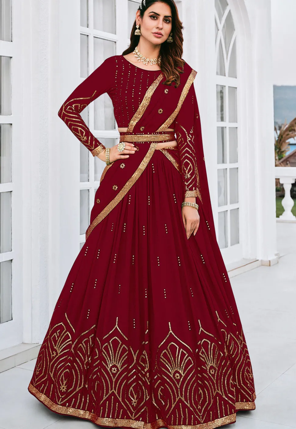 Embroidered Georgette Lehenga in Maroon