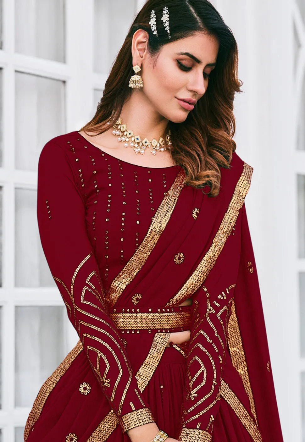 Embroidered Georgette Lehenga in Maroon