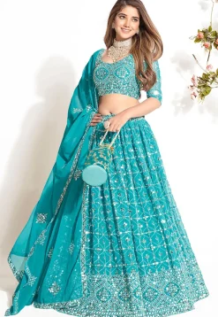 Embroidered Georgette Lehenga in Sky Blue